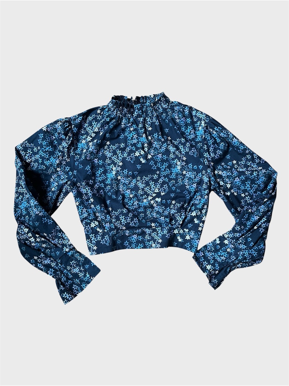 All Saints Black Floral High-Neck Puff Sleeve Crop Top
